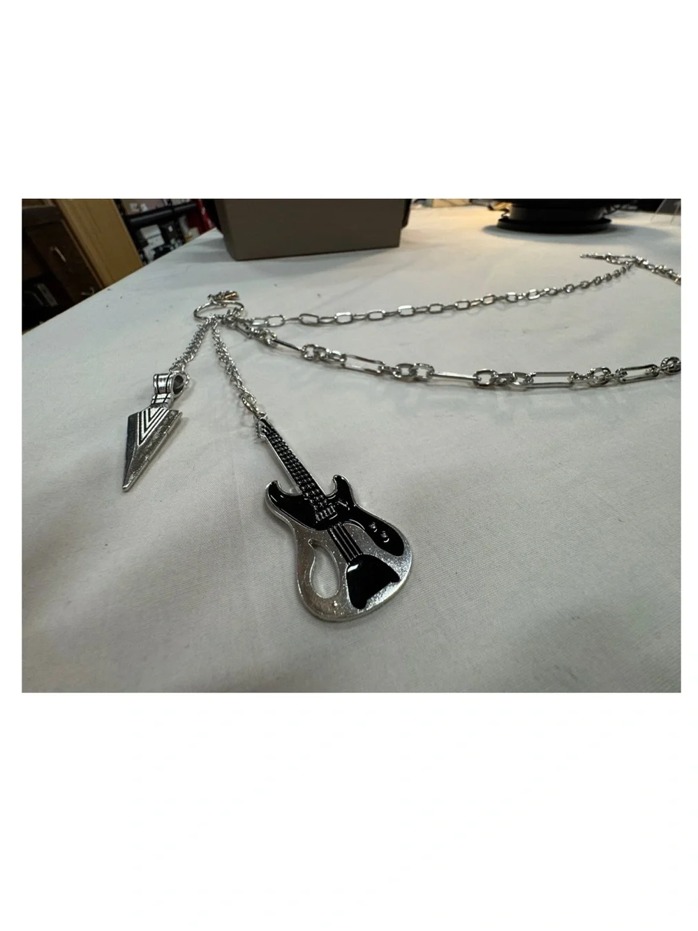 Silver Double-Chain with Guitar and Spike Charms for Bags and Wallets  20”